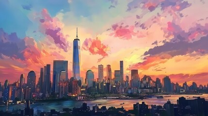 Fototapeta premium Skyline of a bustling city with towering skyscrapers, sunset glow, watercolor style