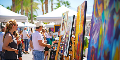 A vibrant outdoor art festival, with colorful paintings and sculptures on display, cheerful crowds admiring the works, and artists engaging with visitors under sunny skies. The creative atmosphere