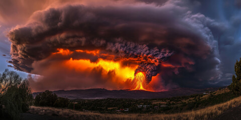 Fototapeta premium A dramatic volcanic eruption seen from a safe distance, with molten lava glowing against a dark sky, and ash clouds billowing upward. The powerful and raw setting feels awe-inspiring.