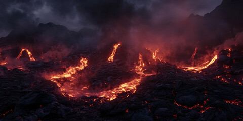 A dramatic lava field at twilight, with glowing molten rock flowing slowly, steam rising into the air, and a stark contrast between the dark volcanic terrain and the fiery red lava. The intense and