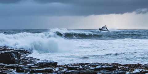A dramatic stormy ocean with towering waves crashing against a rocky shore, the horizon glowing with lightning flashes, and a small boat battling the elements. The intense and untamed setting feels