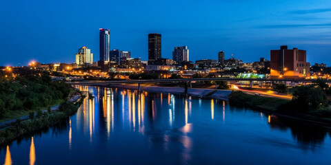 Fototapeta premium A bustling cityscape at night, with towering skyscrapers glowing brightly, a river reflecting the lights, and the energy of a metropolis alive with activity. The dynamic and modern scene feels