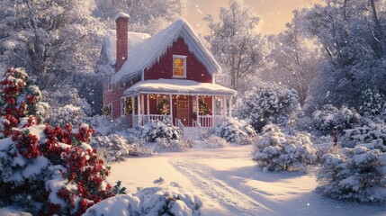 Christmas house illustration snow-covered decorations.