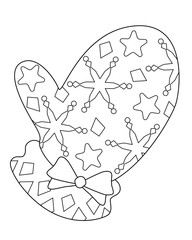 Mitten - coloring antistress. Warm winter clothes - a mitten with a bow - an element for antistress coloring. Outline. Glove with snowflakes.	