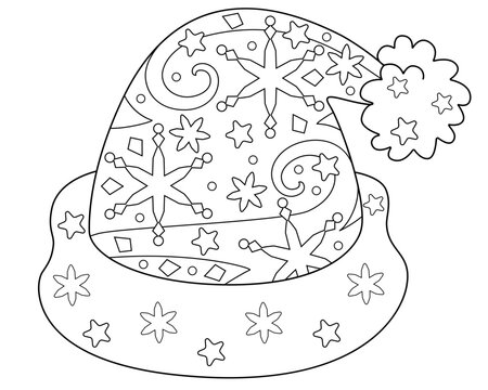 recommend clip art: Santa Claus hat antistress - vector linear illustration for coloring. Christmas or New Year's element - a hat with a pompom for winter coloring antistress.	