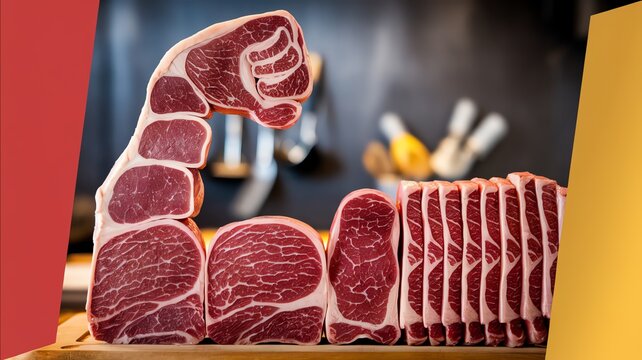 Creative display of meat cuts shaped like a bicep, highlighting culinary art and creativity.