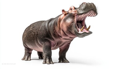 Obraz premium Common hippopotamus standing and opening mouth wide, hippopotamus amphibius, 10 years old, isolated on white