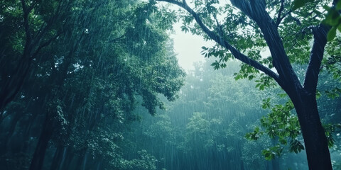 Fototapeta premium A dramatic forest during a rainstorm, with towering trees swaying in the wind, raindrops glistening on leaves, and the sound of thunder rumbling in the distance. The immersive and dynamic setting