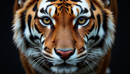 Obraz premium Majestic tiger displaying captivating eyes and striking fur patterns in a dramatic setting of natural elegance and power