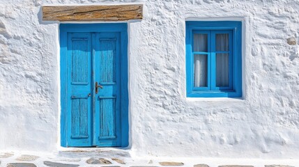 Traditional whitewashed house with blue doors and windows in mykonos, greece