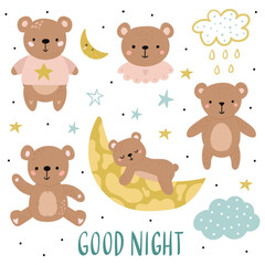Obraz premium a group of adorable teddy bears in a nighttime setting, surrounded by stars, a crescent moon, clouds, and the phrase - Good Night.