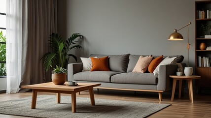Fototapeta premium Wooden table in front of couch in spacious living room interior with plants and lamps. Real photo
