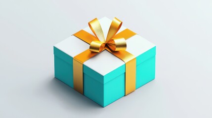 Top view product photography of minimalist gift box with golden ribbon