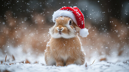 A rabbit in a Santa hat.
