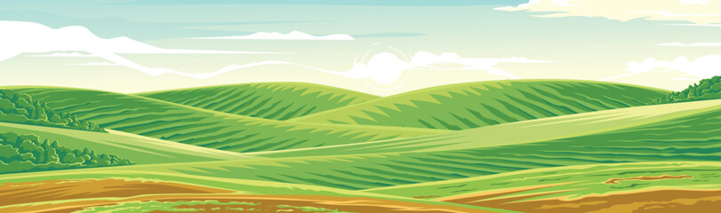 Rolling green hills overlook vast meadows and fields. 