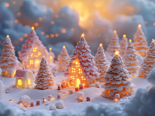snow-covered Christmas trees adorned with red lights and stars. The trees are surrounded by a frosty landscape with a path leading through the snow