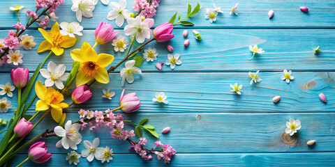 A colorful assortment of flowers including tulips, daffodils, and cherry blossoms is artistically...