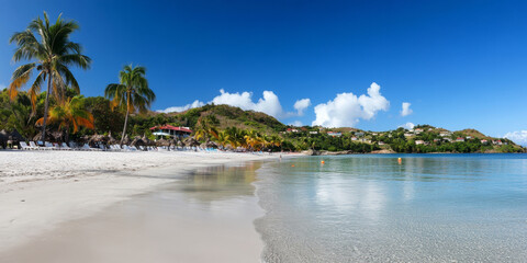A vibrant Caribbean beach, with soft white sand, palm trees swaying in the breeze, and crystal-clear water reflecting the bright blue sky. The relaxing and tropical atmosphere feels idyllic.
