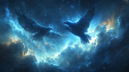 Obraz premium A celestial eagle diving through a galaxy filled with shimmering blue stardust