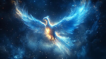 Obraz premium A glowing phoenix spreading its wings in a radiant starry background of blue stardust