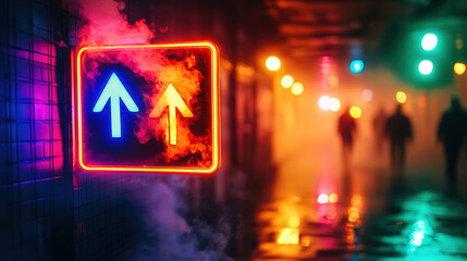 Fire alarm evacuation signal concept. A vibrant neon sign with arrows illuminates a foggy corridor, hinting at direction, while shadowy figures stroll in the background.