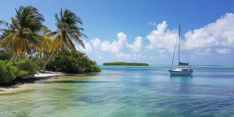 Fototapeta premium A serene island lagoon with clear turquoise waters, a sailboat anchored near the shore, and coconut palms swaying gently in the warm breeze under a bright sun. The idyllic and tranquil setting feels