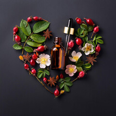 Floral Bach amber glass bottle glass pipette border gold, in the shape of a heart formed by flower and leaves, seeds, wild rose, rosa canina, oil essential, aromatherapy, flower therapy, cosmetic