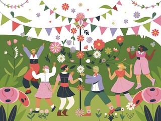 Fototapeta premium Happy People Dancing Around A Festive Maypole