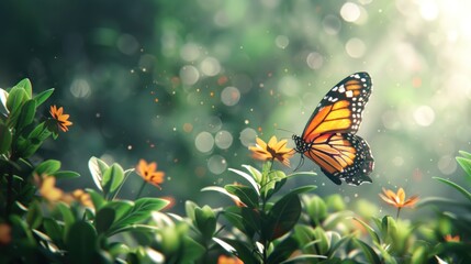 Obraz premium A vibrant butterfly perched on flowers in a lush, sunlit garden.