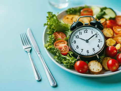 plate of healthy food with fresh vegetables and alarm clock symbolizes time for healthy eating