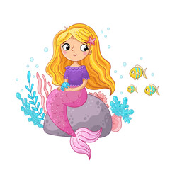 a cheerful mermaid with long blonde hair, sitting on a rock surrounded by underwater plants and colorful fish. She holds a small shell in her hands, creating a magical and vibrant underwater scene.