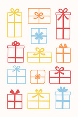 Colourful cartoon present with bow set. Christmas elements. Vector illustration