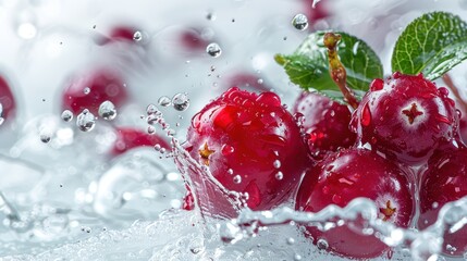 Fresh red berries splashing in water, highlighting their juicy texture and vibrant color.