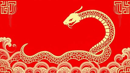 Chinese New Year year of the snake design template featuring traditional Chinese patterns and a stylized snake illustration on a red background, red background, illustration