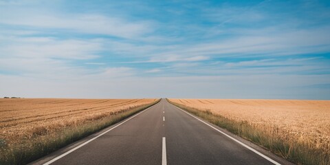 A straight road cutting through golden wheat fields under a vibrant blue sky, symbolizing freedom, journey, and the limitless opportunities of the future.