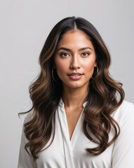 Beautiful Latina woman with long wavy hair- hair model photography