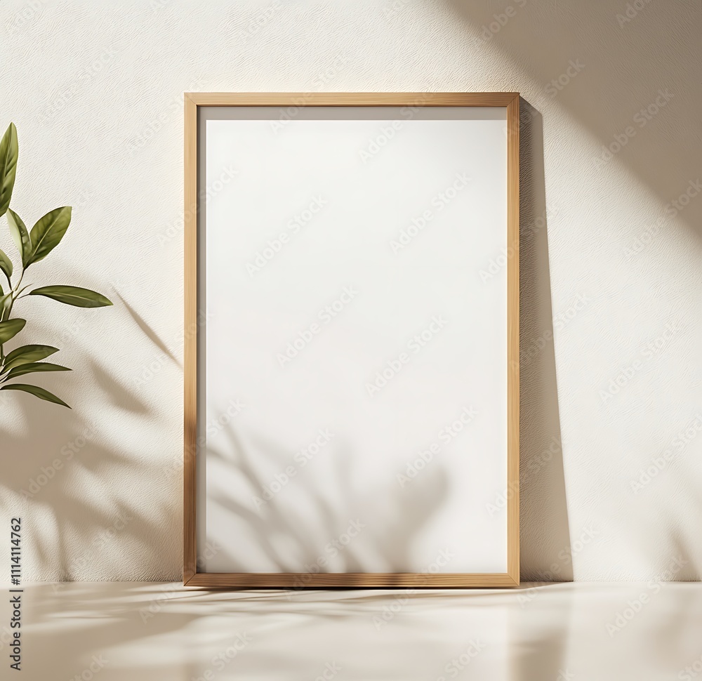 Aufkleber a minimalistic, empty framed canvas is placed on a light surface, with soft shadows and a green plan