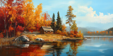 A serene lake in autumn, surrounded by fiery red and golden trees, with a small wooden cabin on the shore and calm reflections on the water. The peaceful and colorful setting feels inviting.