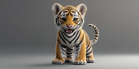 Studio photo of a cute tiger cub isolated against a white background. Wildlife and conservation concept, space for copy.