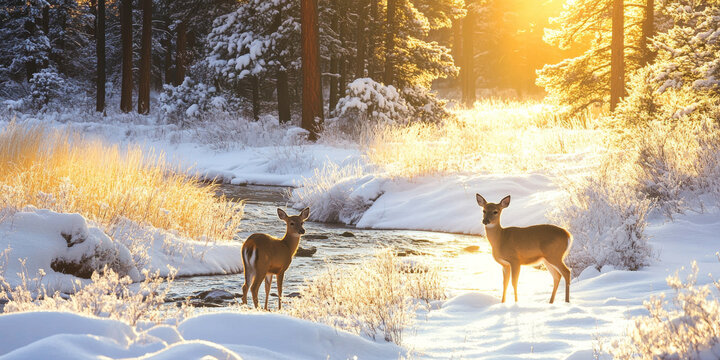 A serene winter meadow blanketed in fresh snow, with a gentle stream flowing through, soft golden light from the setting sun, and a pair of deer grazing quietly. The peaceful scene feels magical and