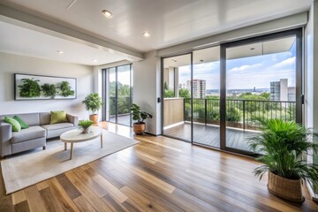 Fototapeta premium Modern living room with large sliding glass doors, wooden flooring, green plants, and access to a spacious balcony view