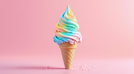 Rainbow Soft Serve Ice Cream Cone on Pink Background with Sprinkles