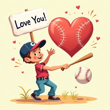 Cartoon Boy Celebrating Valentine's Day. Cheerful cartoon boy holds up a "Love You!" sign as red hearts float around him, capturing the excitement and affection of Valentine's Day.