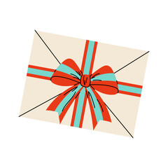 Envelope tied with a festive bow. Christmas greeting card icon. Post Office. Letters to Santa Claus. Flat vector illustration on white background.
