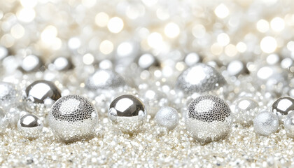 Sparkling silver and white Christmas ornaments on a shimmering background, perfect for festive designs and celebrations.