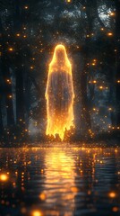 Enchanted forest scene filled with playful ghosts in misty glow images