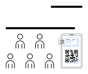 Group of six people, smartphone displaying QR code and bank icon. Black lines above figures. Ideal for banking, technology, digital transactions, online community, finance, QR codes, virtual