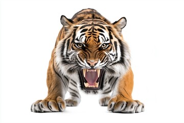 Obraz premium Studio photo of a tiger snarling at the camera isolated against a white background. Wildlife and conservation concept, space for copy.