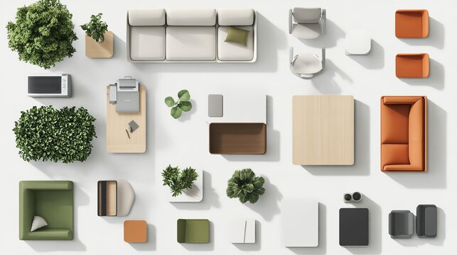 a top view of a furniture set, including a sofa, chairs, and a coffee table, all designed in a Scandinavian style with clean lines.