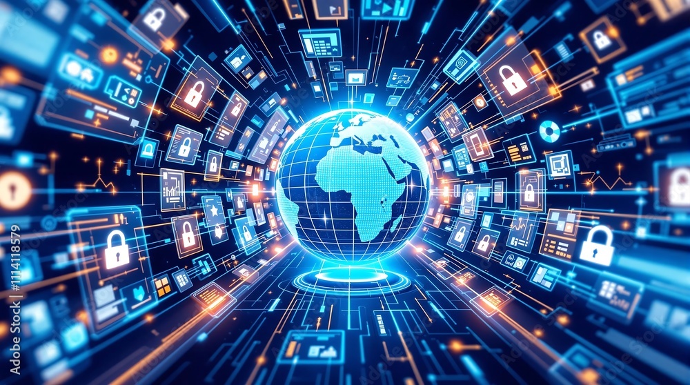 Poster abstract digital globe with network connections and floating media content representing global conne